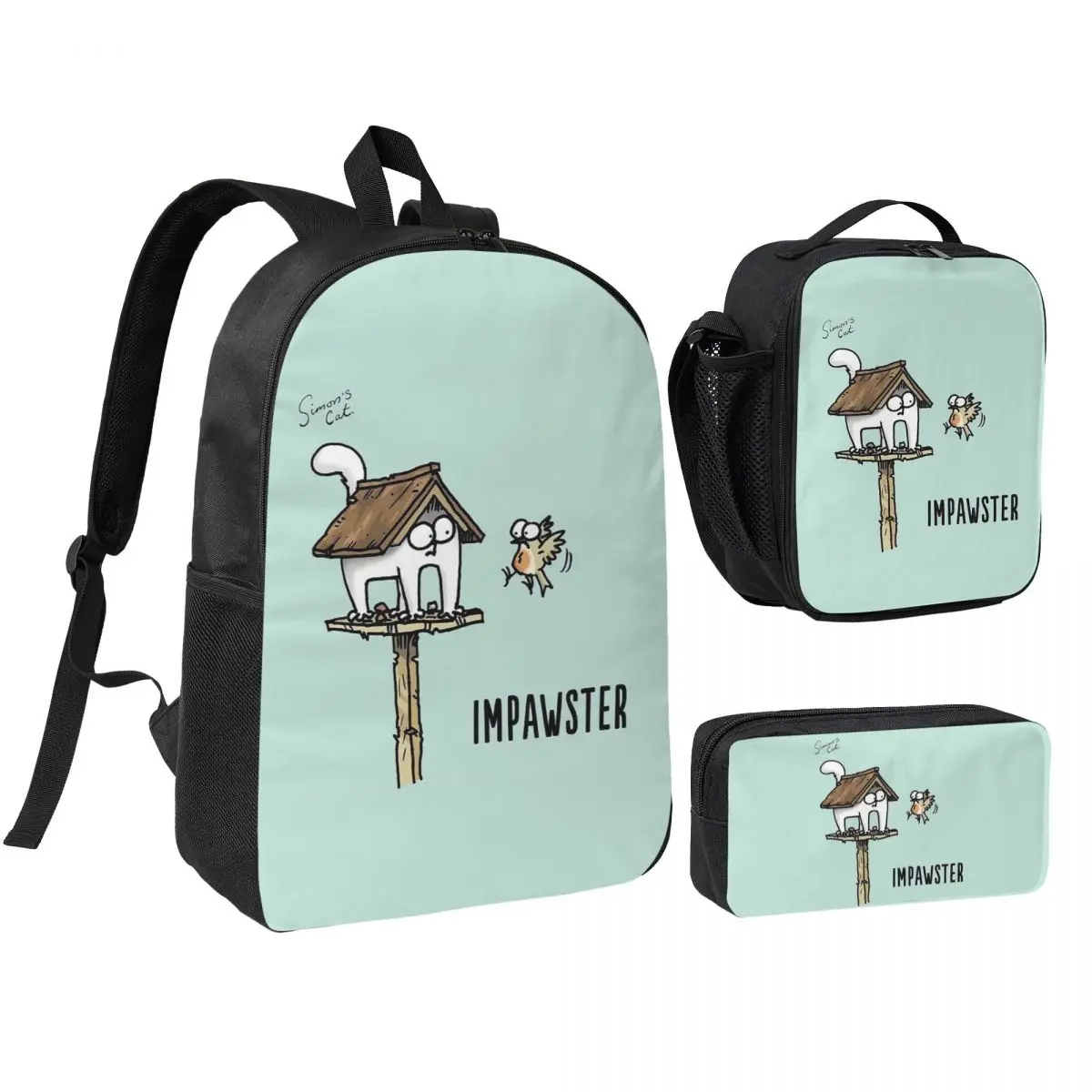 

Cartoon Simons Cats Backpack Student BookBag School Bag Shoulder Bags 3ps Insulated Lunch Bag Pencil Case
