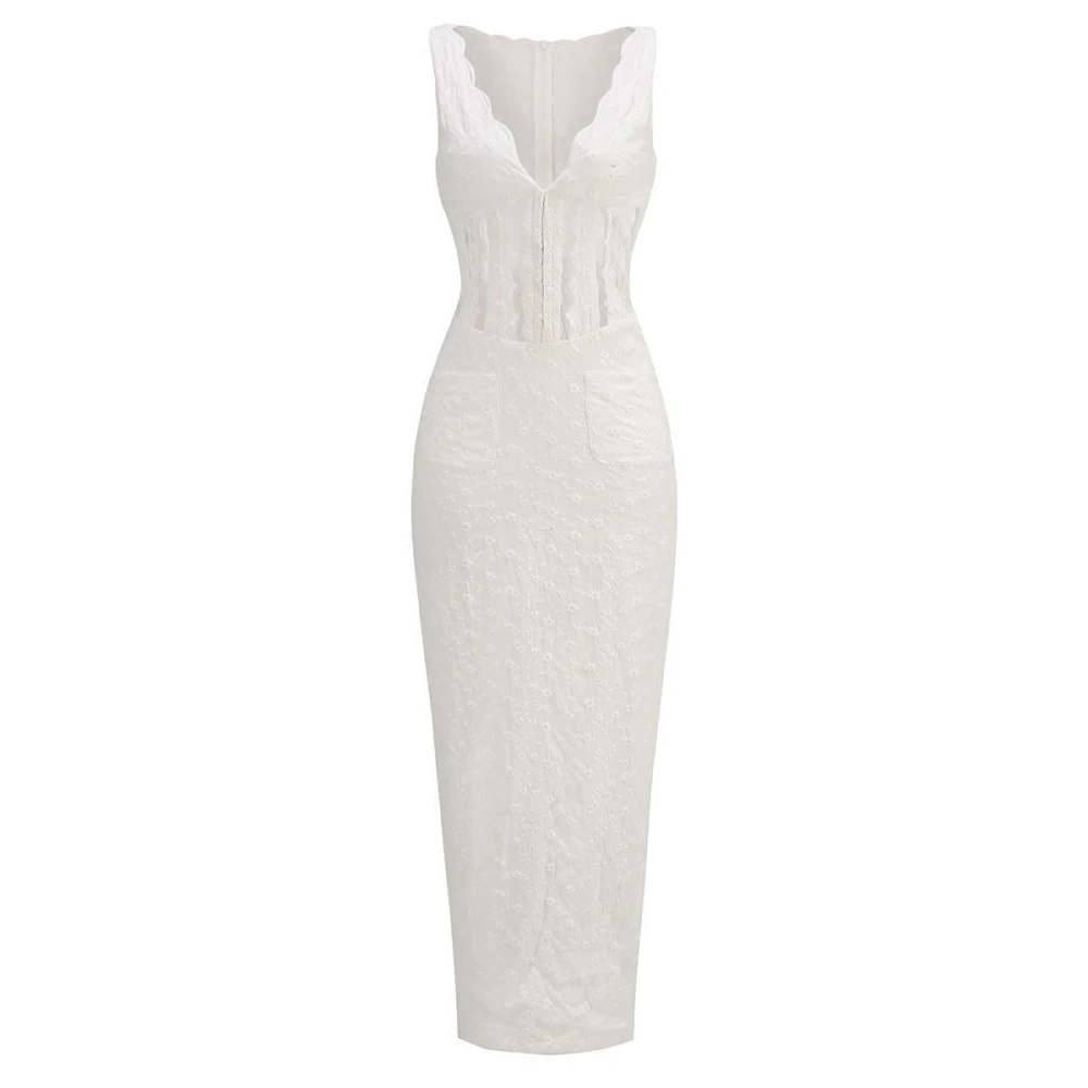 الدانتيل الخامس الرقبة عالية الخصر عارية الذراعين Bodycon مثير الرسن فستان ماكسي الأبيض الخريف بلا أكمام فستان أنيق المرأة فستان الزفاف الضيوف #1
