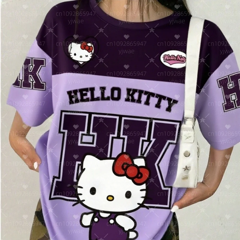 2025 Camiseta de manga corta con cuello redondo y estampado de hello kitty de dibujos animados para mujer, camiseta de verano, camisetas de béisbol, Camiseta deportiva de gran tamaño a rayas
