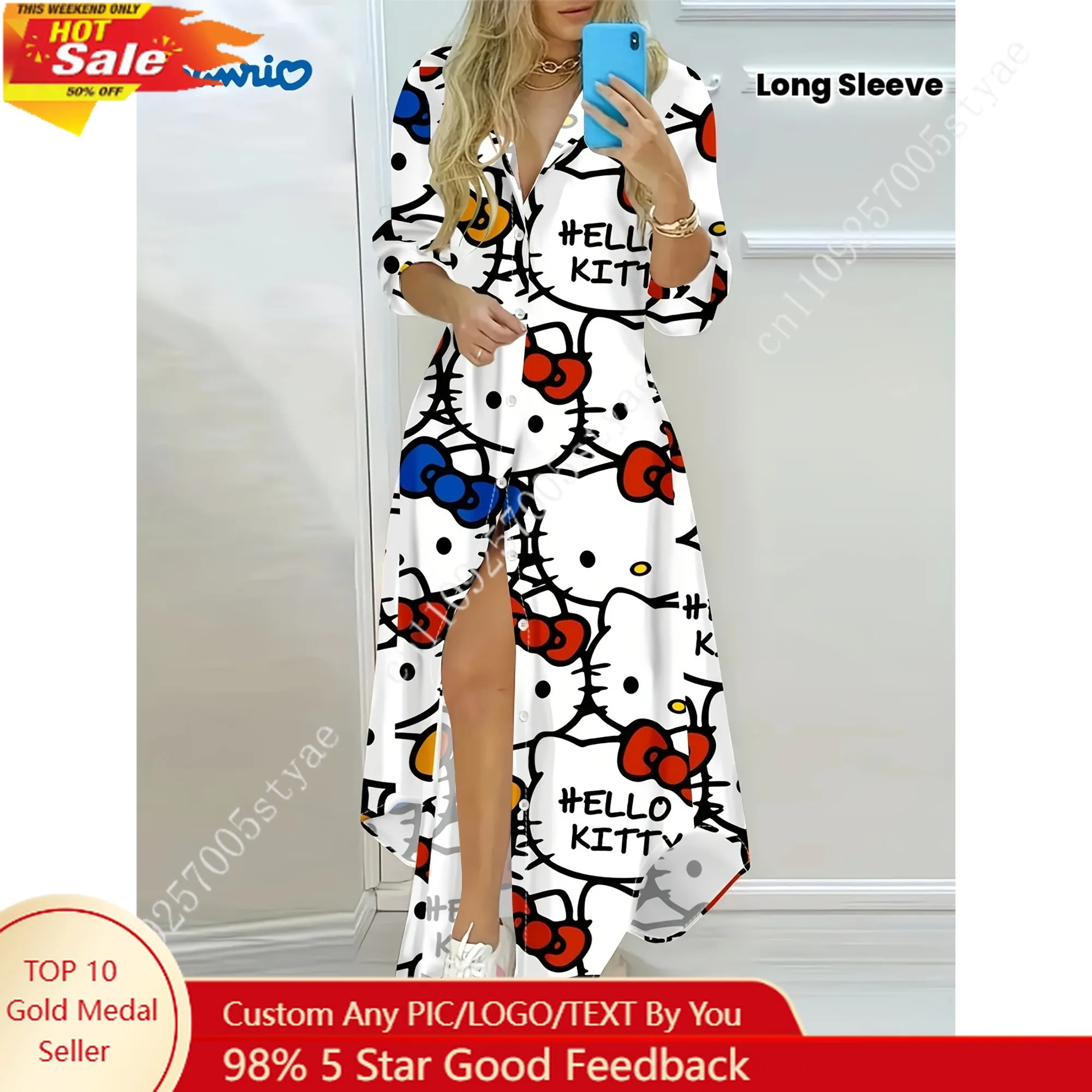 Hello Kitty Vacation Style Summer Long Sleeve Beach Dress Shirt Casual Shirts