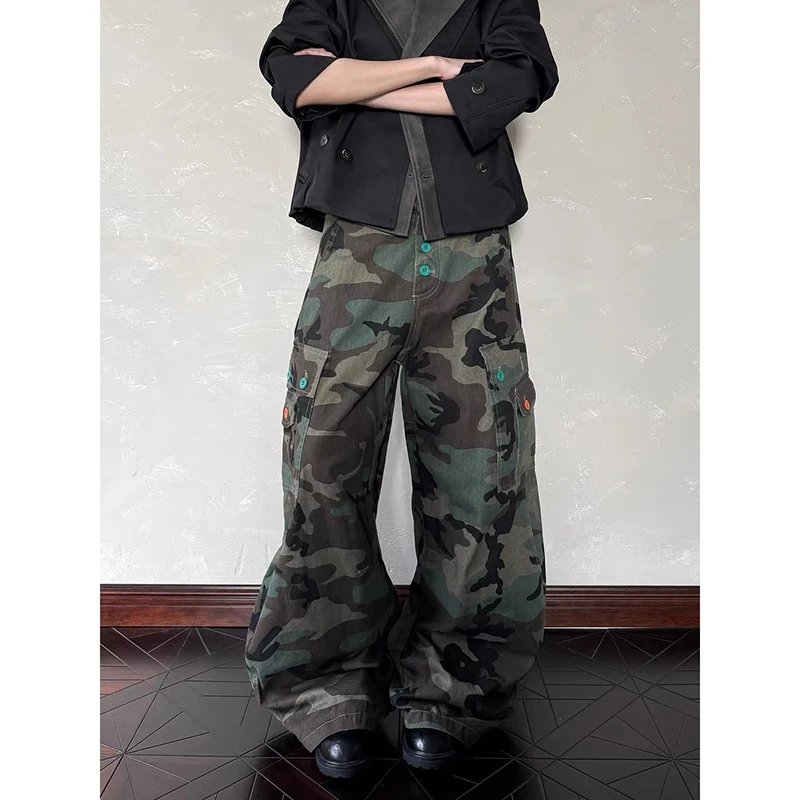 YIBASHU Women's Baggy Cargo Jean Y2k High Street Grunge Punk Camouflage 2000s Streetwear American Retro Wide Fit Denim Pants
