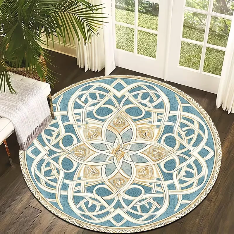 Vintage Celtic Knot Round Rug Blue Golden Ethnic Circular Carpet Soft Floor Mat for Living Room Bedroom Office Home Decor