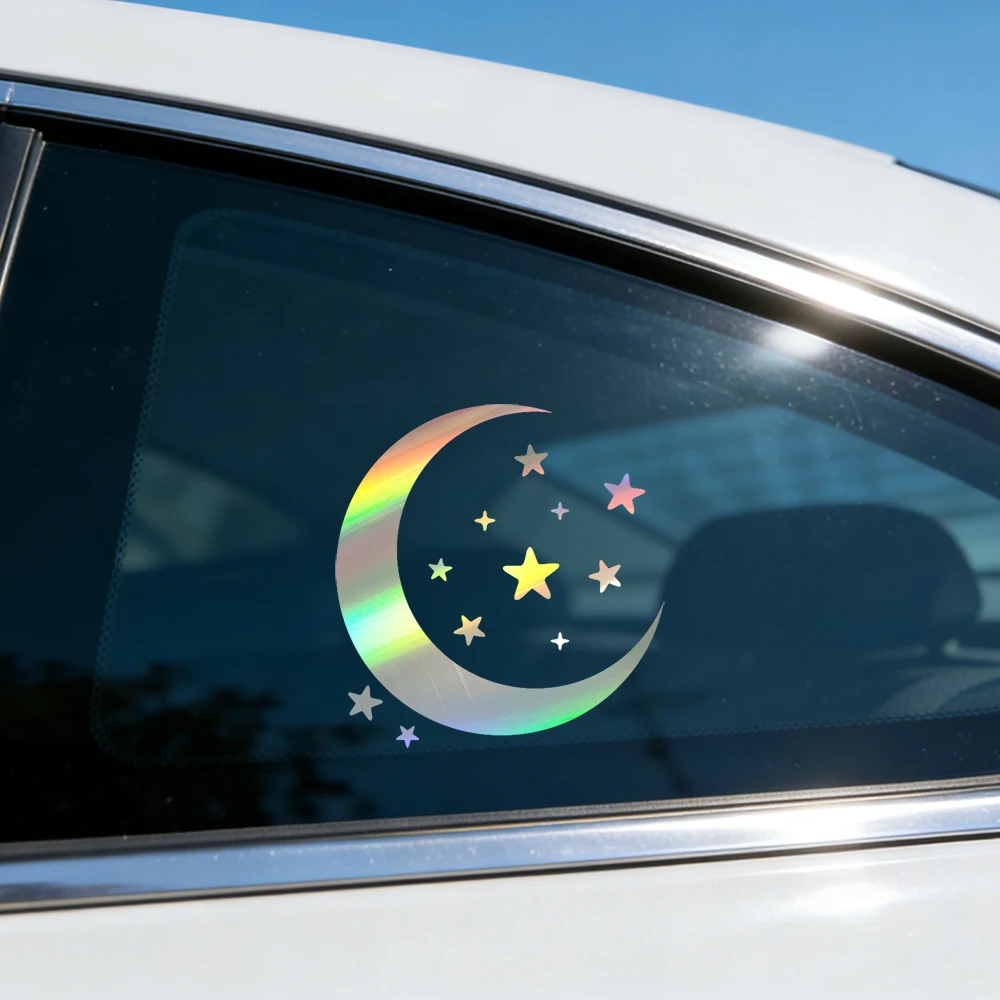 Crescent Moon & Stars Car Window Decal Holographic Witchy Mystical Celestial Aesthetic Vinyl Sticker for Laptop Mug Cup Decor
