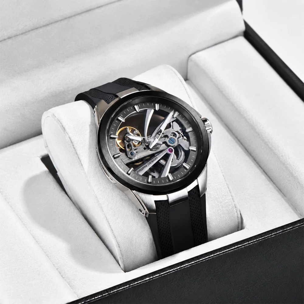 PAGANI DESIGN Men Mechanical Watch Hollow Out Rubber Stainless Steel Luminous sapphire Glasss Dive Tourbillon Watch