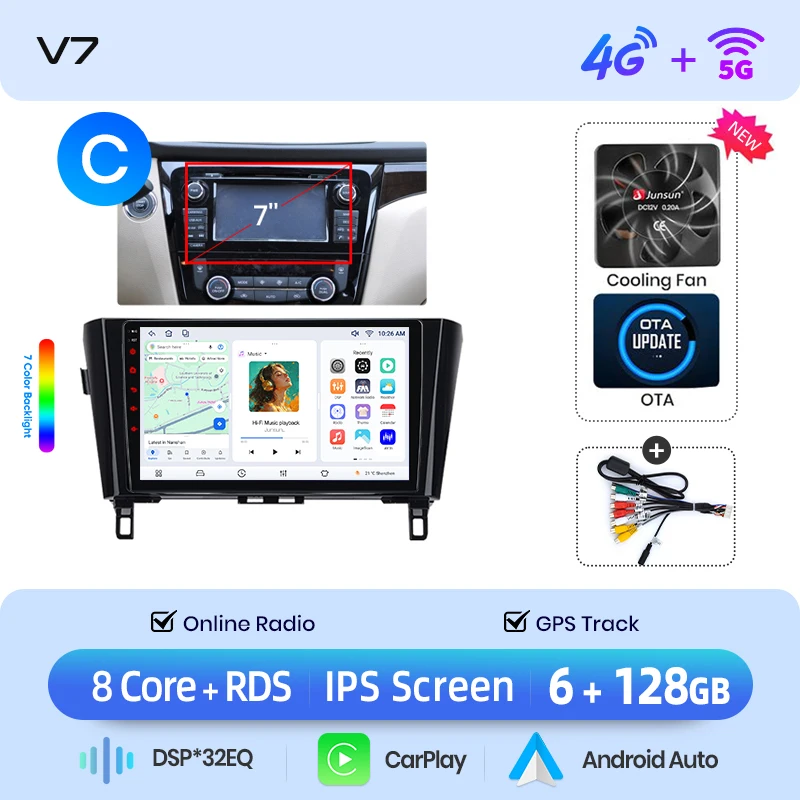 Junsun draadloze CarPlay Android Auto autoradio voor Nissan Qashqai (J11) / X-Trail (T32) 2013-2017 met ingebouwde koelventilator, Android GPS navigatie, multimediaspeler, WiFi, DSP, RDS, BT, SWC, IPS