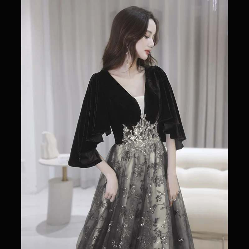 

Evening Gown New 2024 Women's Light Luxury Minority Black Design Velvet Dress Annual Meeting