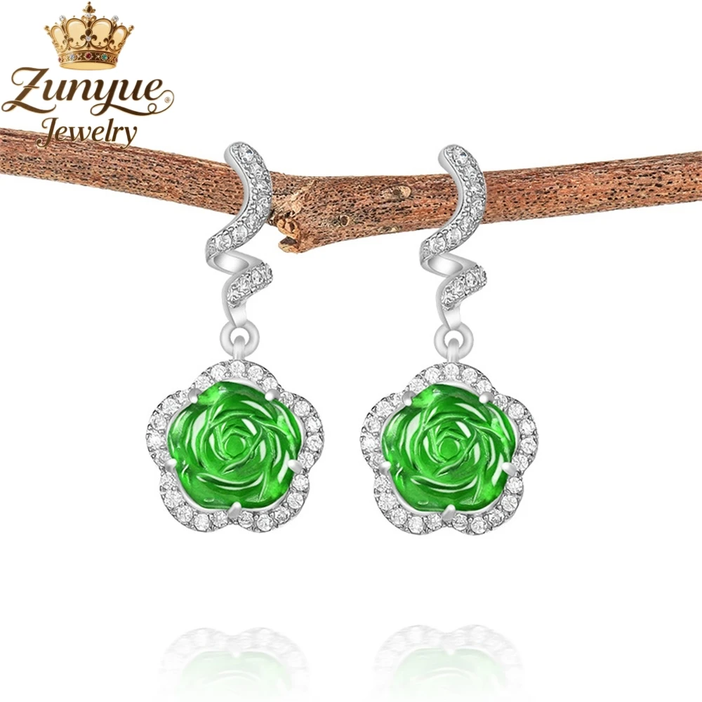 

S925 Silver Inlaid Natural Jadeite Emerald Rose Earrings Luxury Quality Jewelry Fashion Jewelry Exquisite Elegant Charms Popular