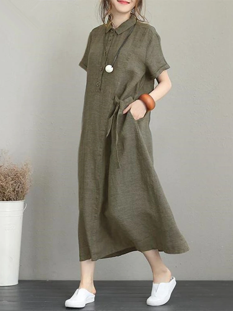 Women's cotton and linen short-sleeved loose pocket temperament dress, lapel dress, plus size, casual,