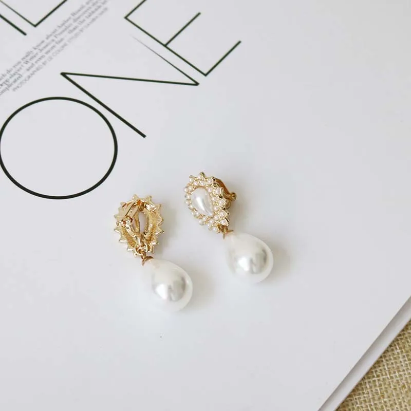 High Quality TrendyWhite Water Drop Imitation Pearl Clip on Earrings for Female Elegant Non Pierced Fashion Clip Ear Jewelry
