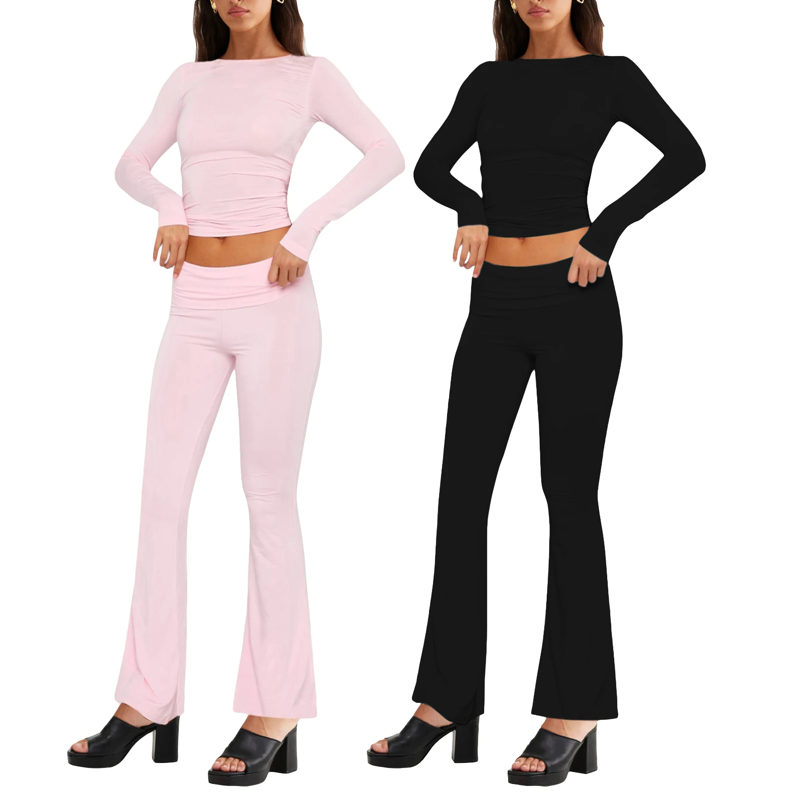 Combhasaki Women’s Y2K Pants Suit Elegant Long Sleeve Crew Neck Skinny T-shirt with Low Waist Flare Pants Office Outfits Set