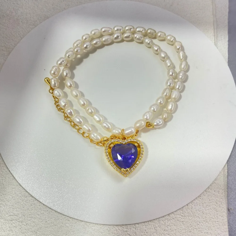 Fashion Gentle Purple Love Glass Stone Pendant White Freshwater Pearl Chain Necklace Retro French Elegant Luxury High-end Neckla