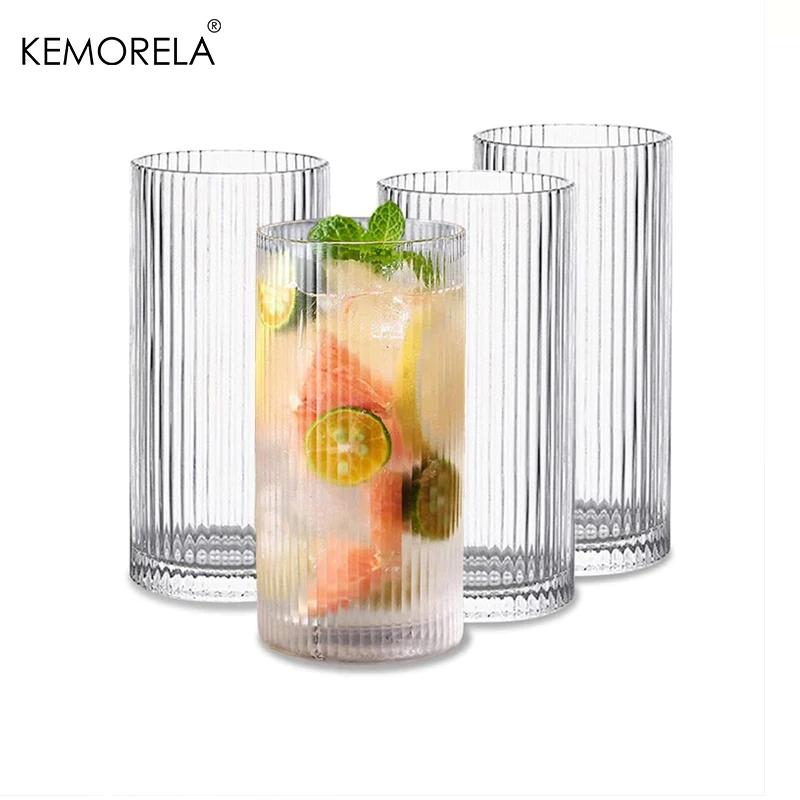 4PCS Ribbed Glass Cups Vintage Glassware Transparent Cocktail Glasses Set Bar Beverages Iced Coffee Cup Juice Ripple Drinkware