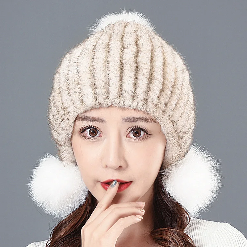 

Зимняя женская шапка из 100% натурального норкового меха, шапка из натурального норкового меха, ручная вязка, теплая русская женская шапка из натурального меха норки и помпоны из лисьего меха