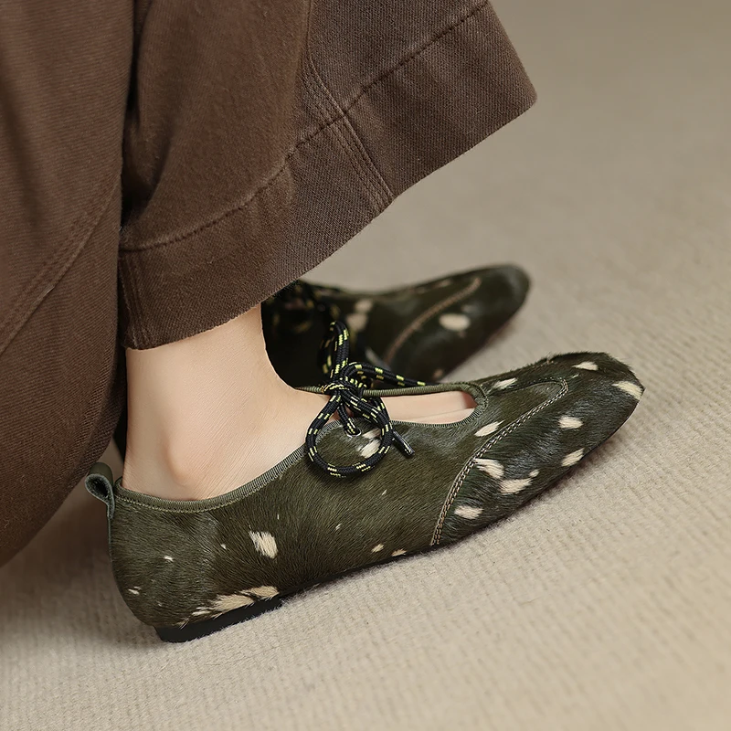 2026 NEW Trend Genuine Leather Horsehair Women Flats Fashion Autumn Patchwork Lace Up Sneakers Leopard Dairy Cow Round Toe Shoes