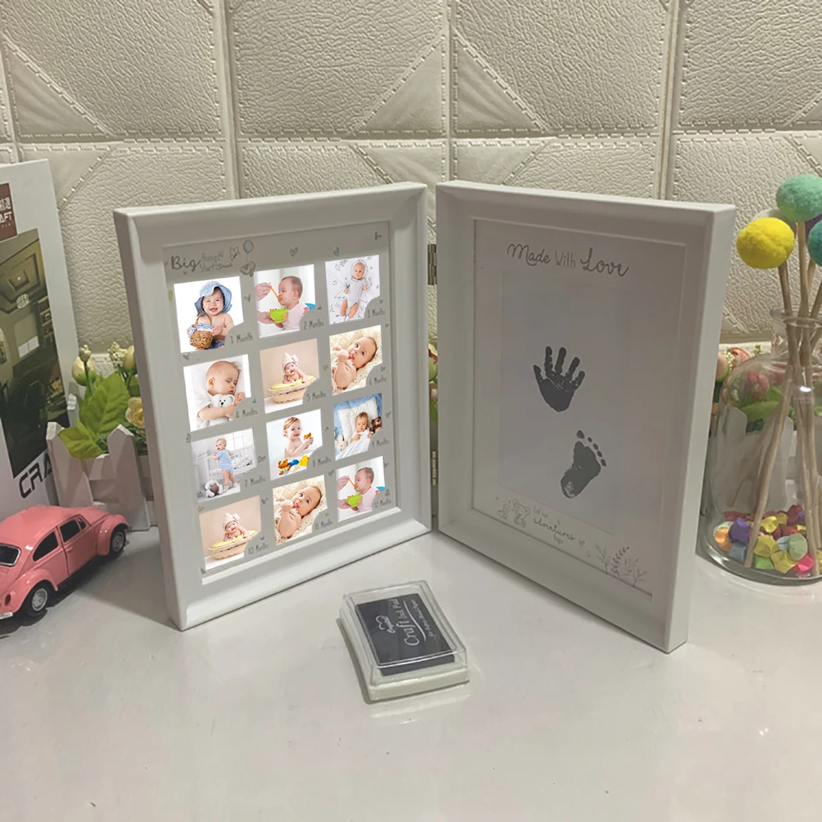 Book style baby 12 months of growth handprint footprints picture frame wedding album