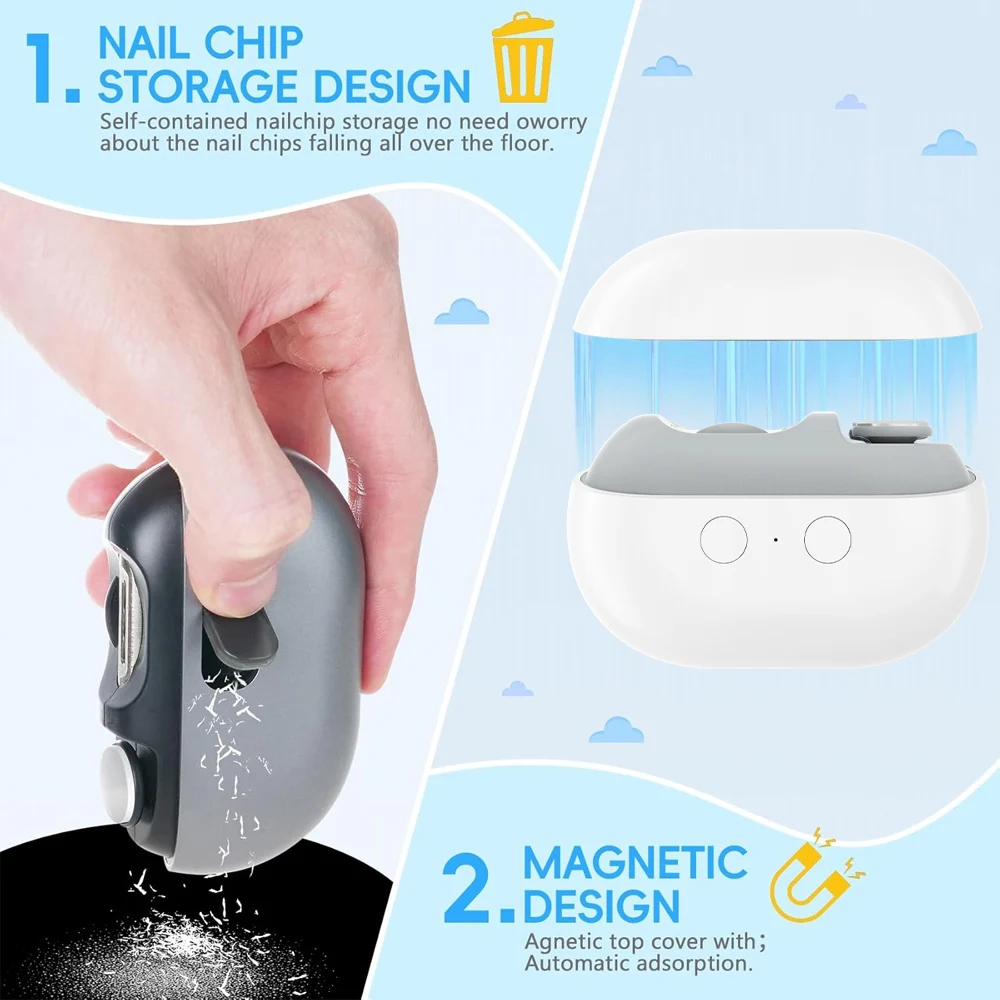 

Electric three in one nail trimmer, polisher, and clip on LED, rechargeable, suitable for infants, children, and the elderly