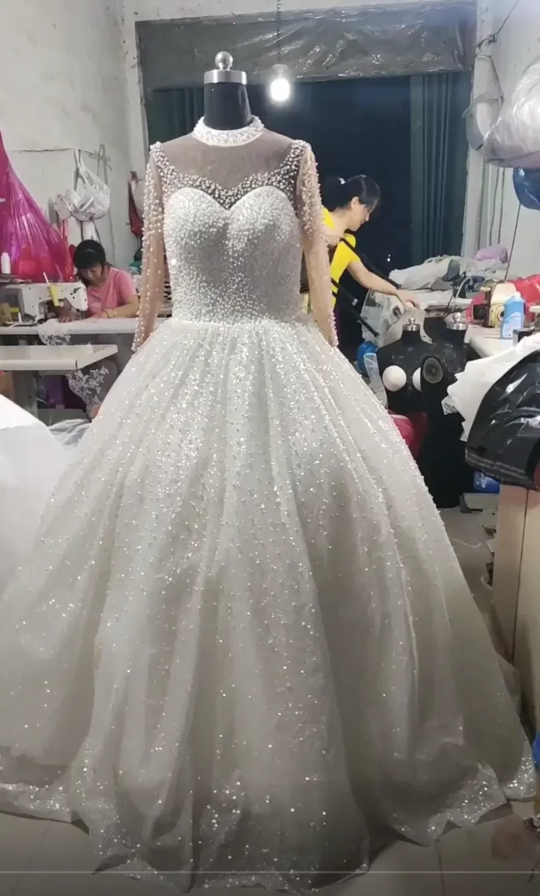 Vestido de novia africano de manga larga con cuentas de perlas y cuello alto, lujoso vestido de baile ostentoso, talla grande, 2024