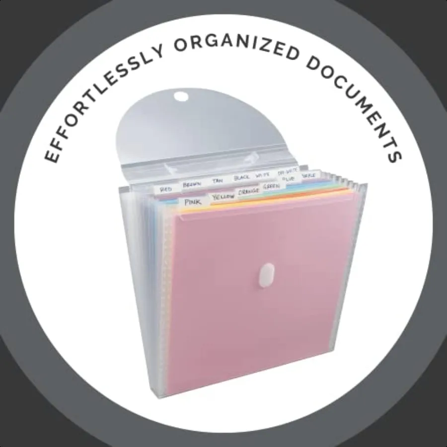 منظم الورق القابل للتوسيع، منظم ملفات الأكورديون، حامل مستندات مهم شفاف مع 12 جيبًا، أبيض، 12 × 12 بوصة