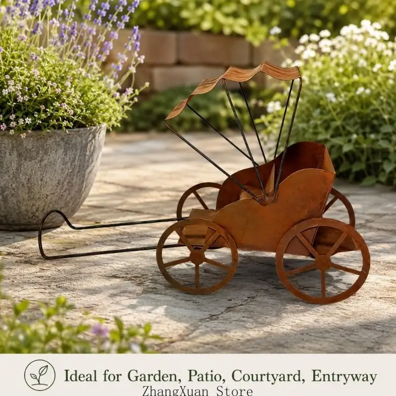 Rostiger Metall-Rikscha-Blumentopfwagen für Balkon, Eingangsdisplay, 3 x – Detail 8