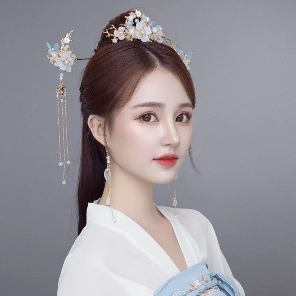 Ancient Style Flower Chinese Style Hairpin Set Tassel Pearls Hanfu Hair Stick Headwear Earrings Butterfly Hair Comb Betrothal