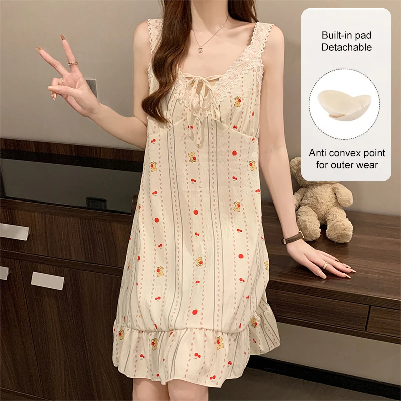 

Милые милые платья на бретельках, пижамы для женщин, повседневный удобный жилет, юбка, домашняя одежда с подушкой на груди, пижамный комплект без рукавов