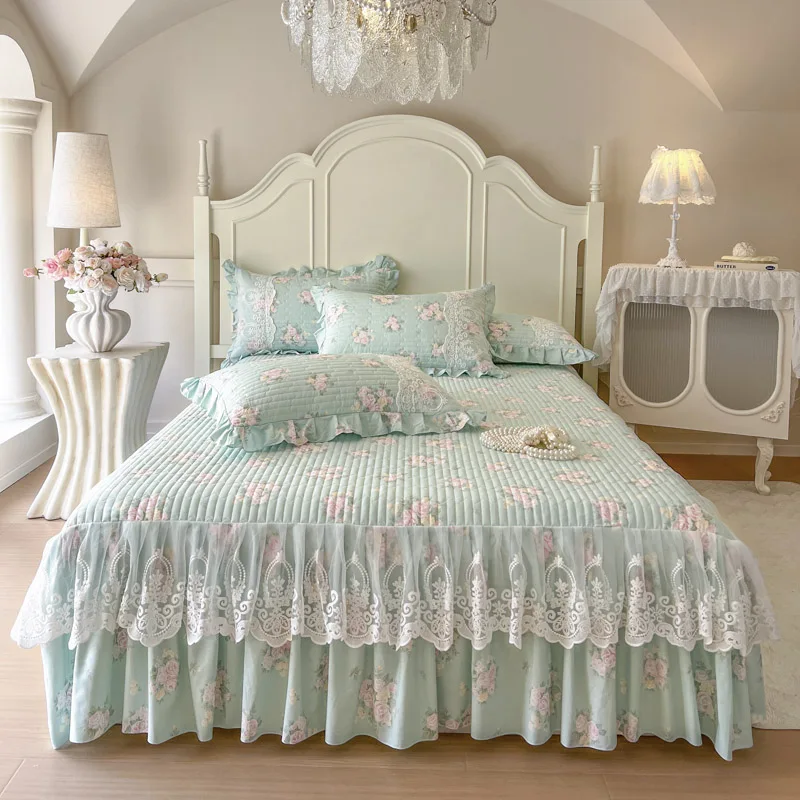 AIWINSURE-Printed Cotton Bedspread King Size, Bed Skirt with Lace Ruffles, Double Bed Cover, with 2 Pillowcases, Soft