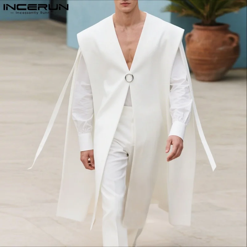 INCERUN سترات رجالية عباءة بلون واحد كبيرة الحجم بياقة على شكل V وزر واحد بدون أكمام صدريات للرجال ملابس الشارع الشهير موضة الرأس للرجال