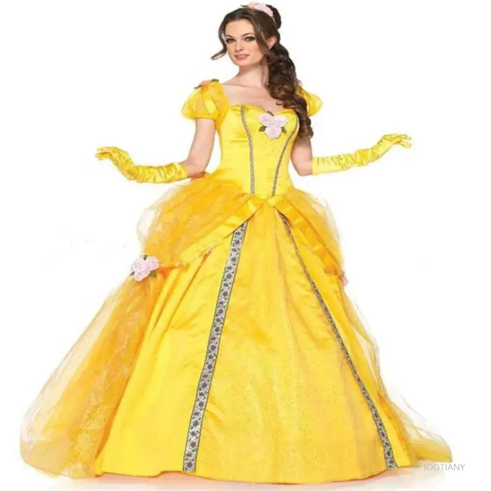 

Halloween Beauty Belle Princess Costume Christmas Carnival Party Fairy Queen Parent-child Role Play Masquerade Yellow Dress