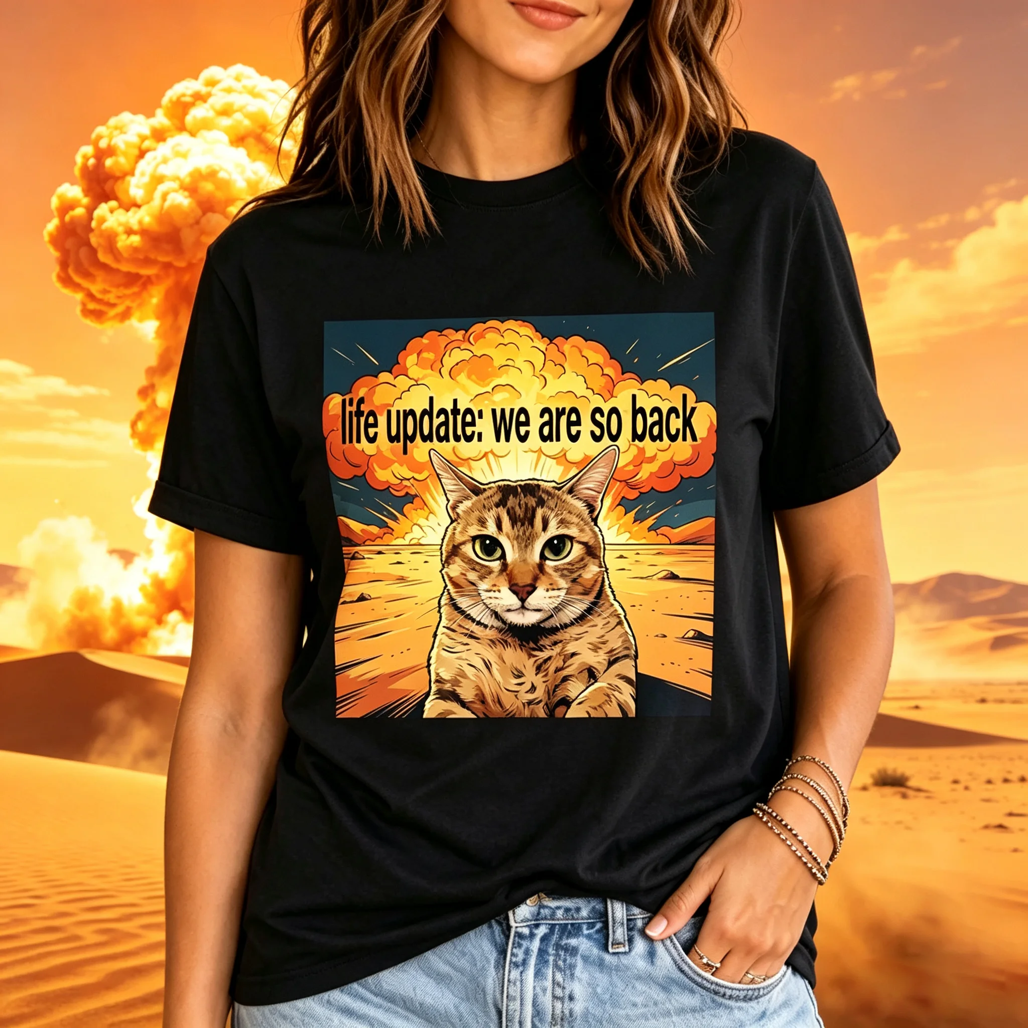 Women's Funny Meme MeiMei Cat Graphic T-Shirt, Life Update We Are So Back Explosion Desert Pop Art Casual Short Sleeve Tee