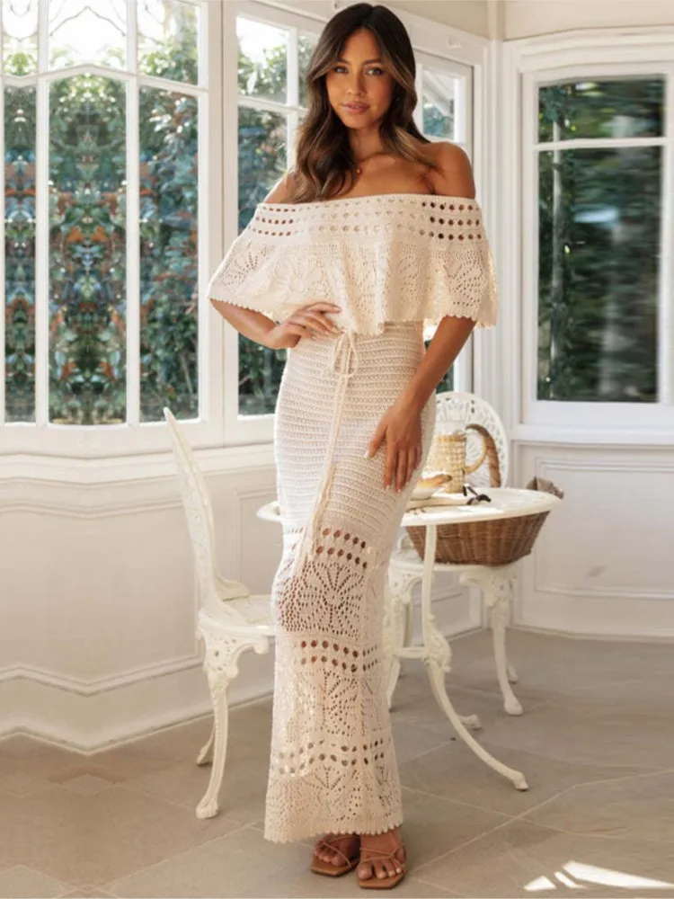 

New Women's Fashion Casual Hollow Lace-up Shawl Long Dress Sets Spring Summer Office Holiday Party Dresses Women Vestidos