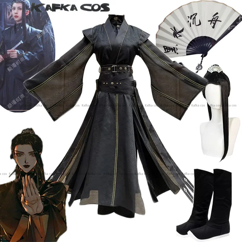 He Xuan Cosplay Costume Anime Tian Guan Ci Fu Season 2 Ming Yi Black Water Submerging Boats Han Fu Black Uniform Wig Shoes Prop