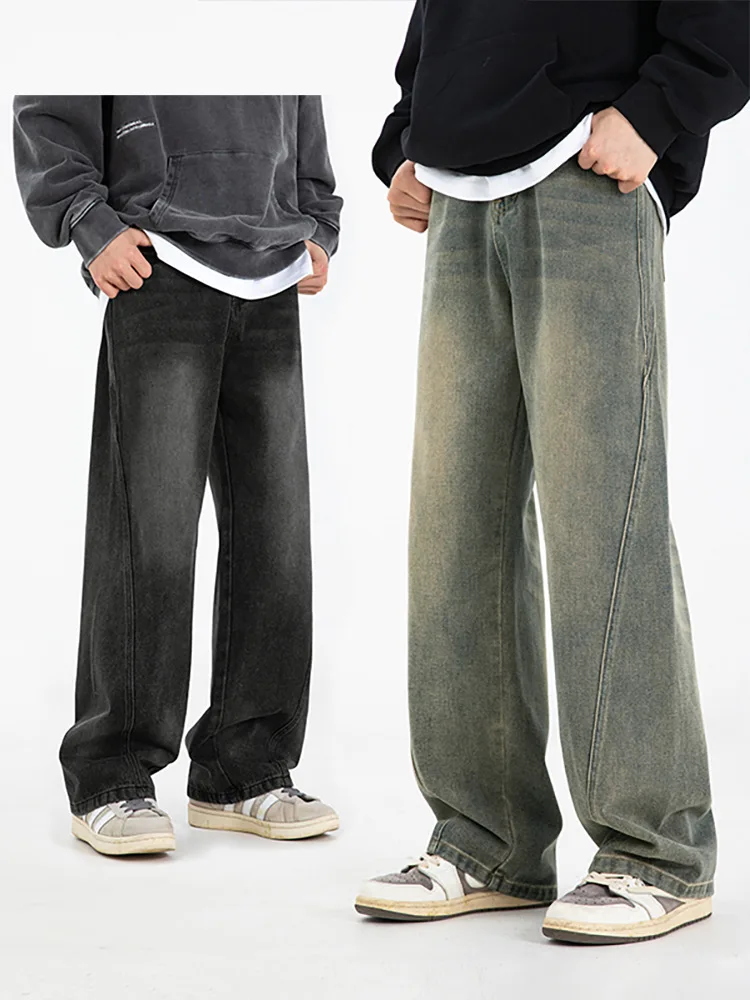 

Мужские весенне-осенние тонкие слегка широкие длинные брюки в американском стиле ретро с разрезом и потертыми потертыми джинсами