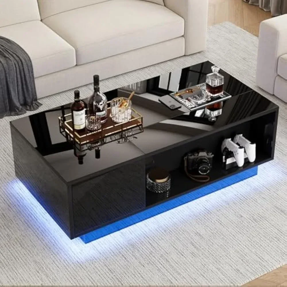 Mesa de centro LED moderna de 47 pulgadas con tapa elevable, mesa de centro totalmente negra con superficie de alto brillo, almacenamiento oculto con cajón