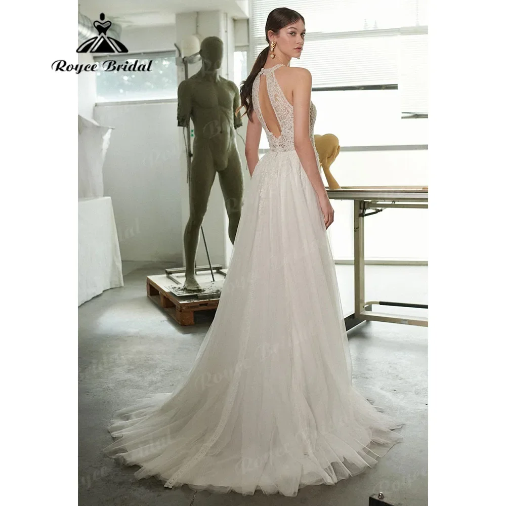 Robe de Mariée Boho en Dentelle, Dos aux, Col Licou Fendue sur le Côté, Style Bohème, pour Femme, 2025