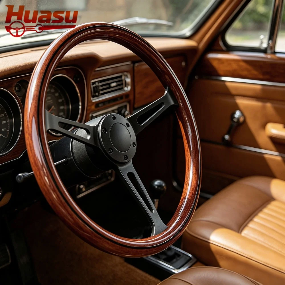 Huasu Big Hole Black Spoke Classic Wood Look Racing Steering Wheel 15inch 380mm Concave ABS Grip Car Accessories