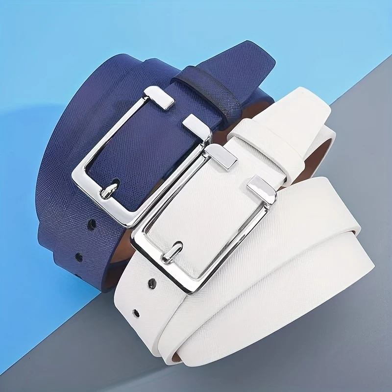 Men's White/Blue Golf Belt, Square Buckle Embossed Casual Belt