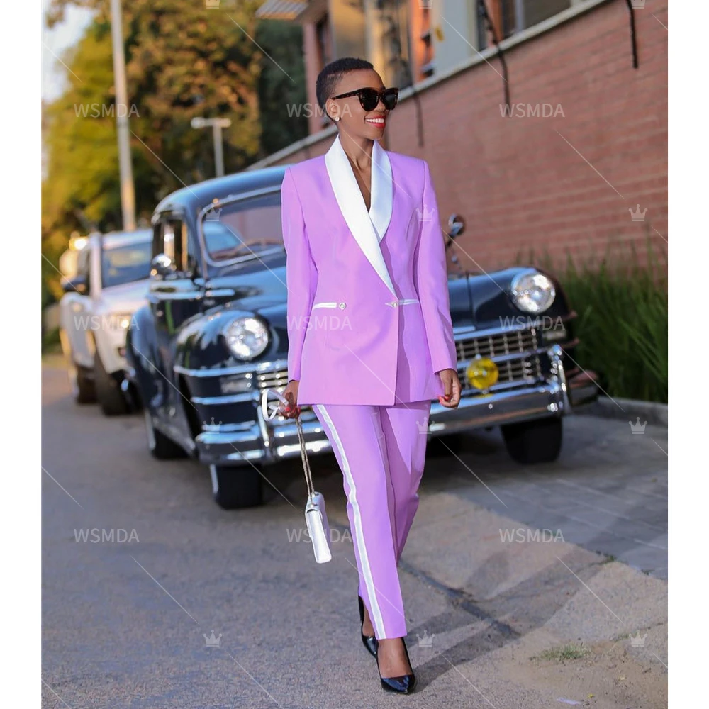 Purple Women Suits Fashion Shawl Lapel Basics Solid Color Blazer Office Lady Formal Casual Slim Fit Pants Set Elegant 2 Piece