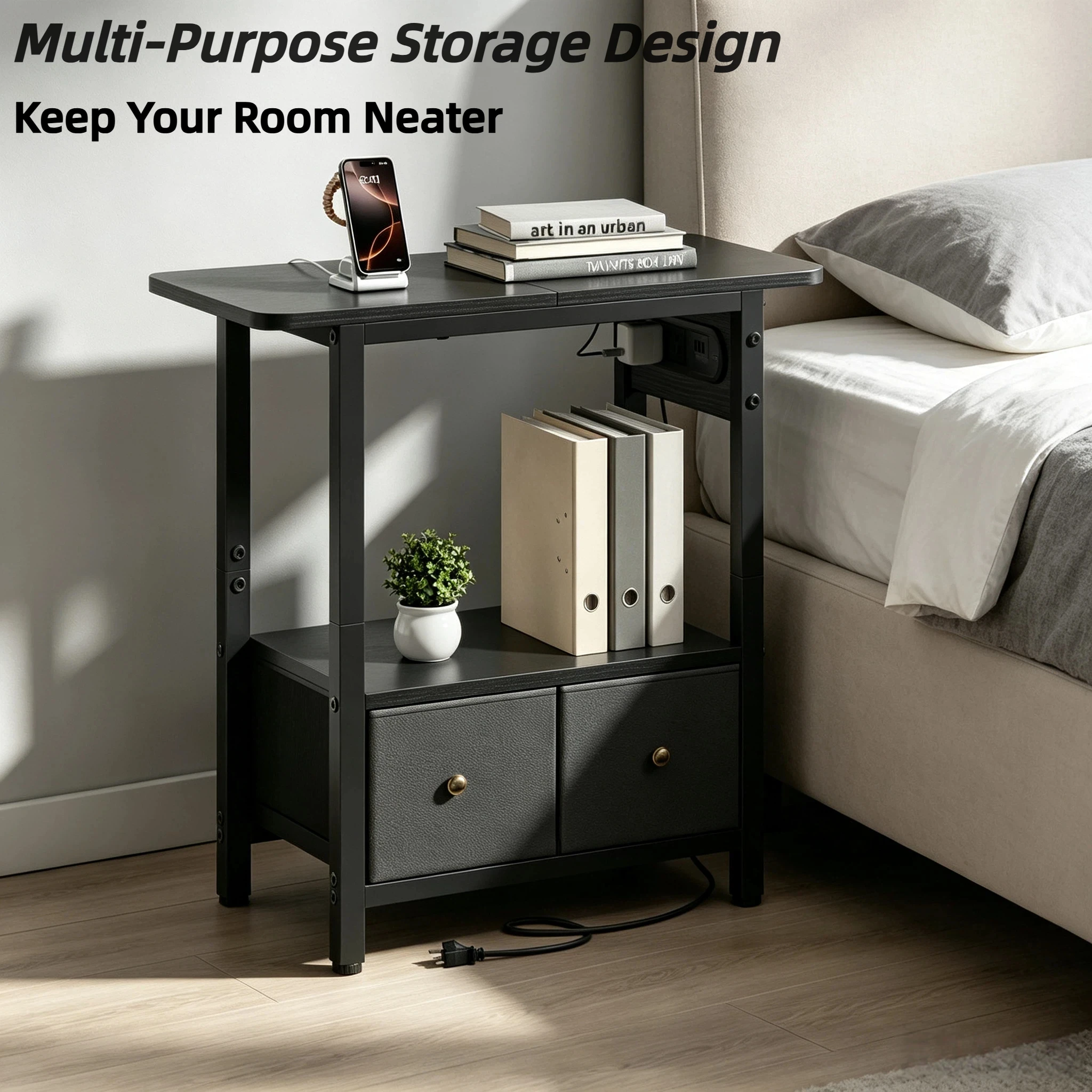 Two-Tier Side Table with Built-In Charging Station Fabric-Lined Drawers USB Ports Power Socket Slim Bedside Compact Coffee Table for Living Rooms Bedrooms