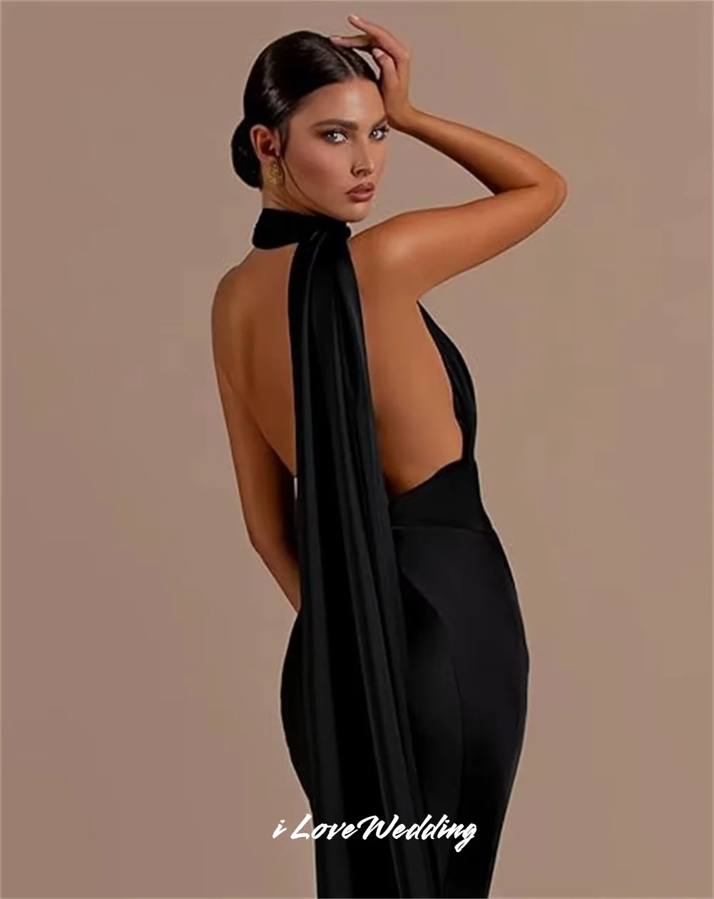 Black One Shoulder Evening Dresses 2025 Satin Sleeveless Mermaid Long Scarf Backless Sweep Train Wedding Party Dress Customized