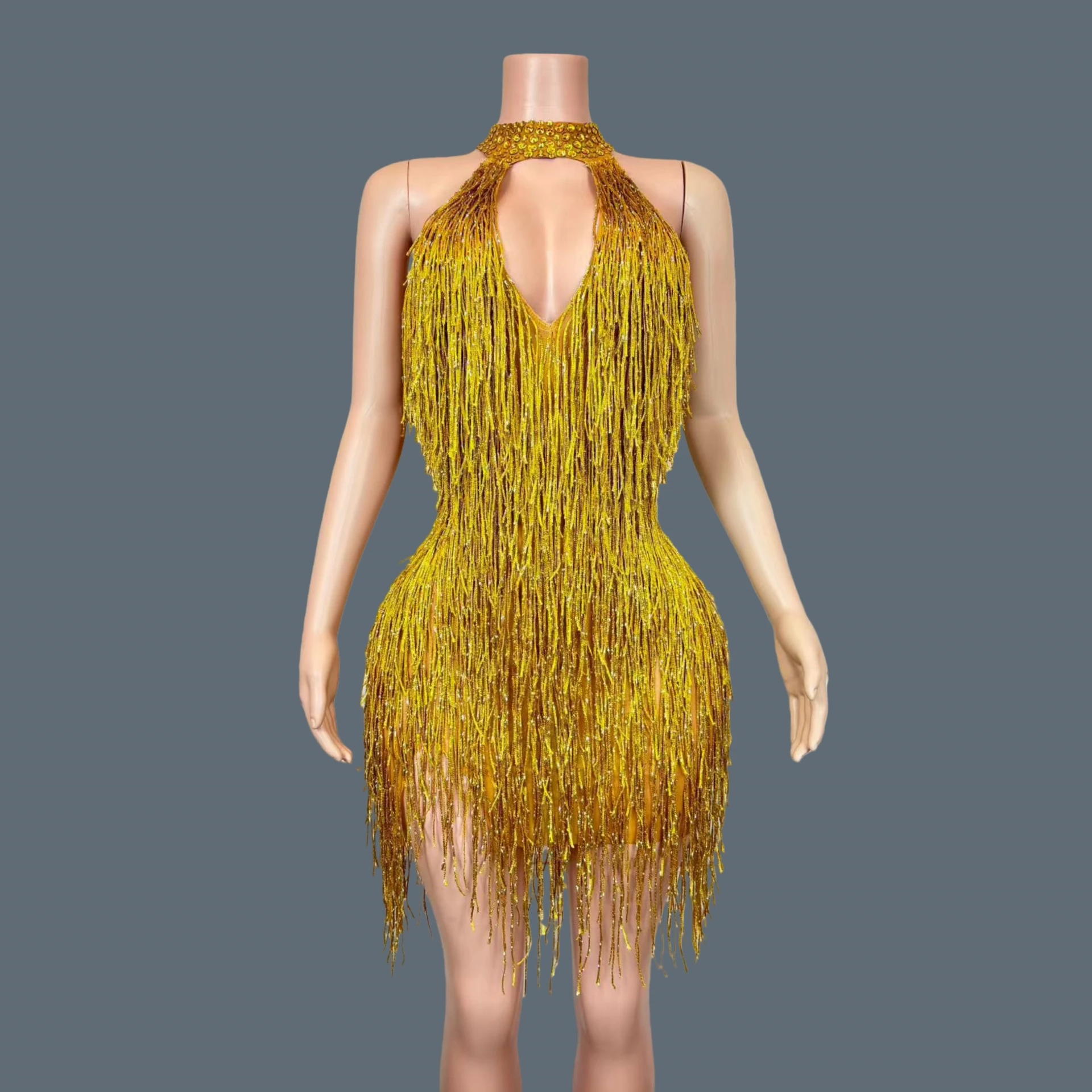 

Designer Deep V Neck Formal Cocktail Dress Sexy Women Birthday Full Tassel Short Dress Streamer Party Latin Dance Wear Gongzhu