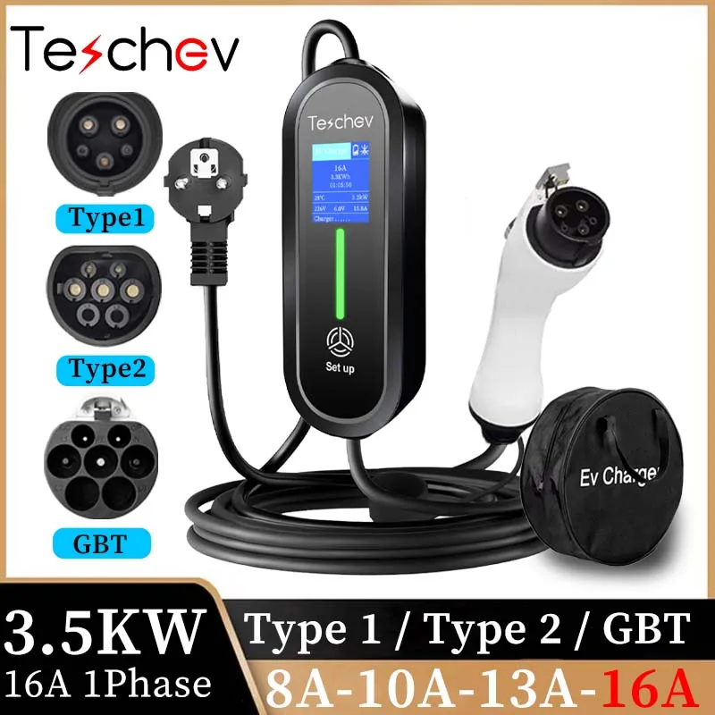 Teschev 3.5KW Portable EV Charger Type 1 J1772 16A Charging Cable GBT Wallbox EVSE Type 2 Charging Stations for Electric Vehicle