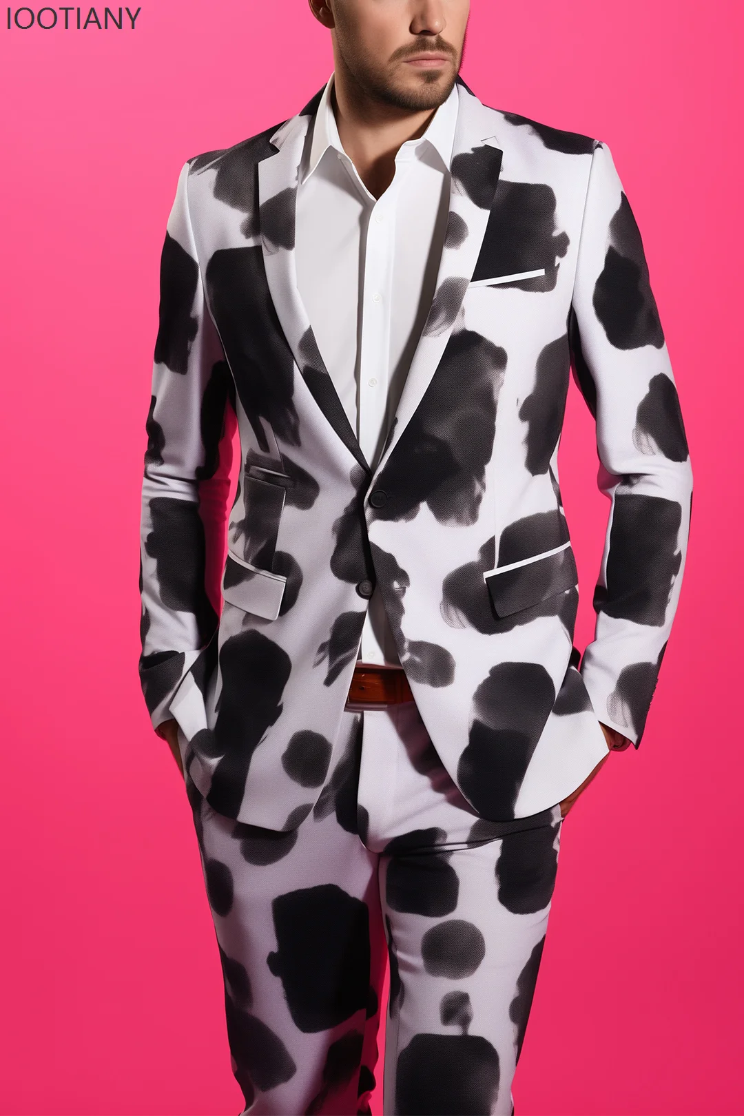 2025 New Fashion Men's Long-sleeved Pink Cow Pattern Printed Suit Casual Slim Fit Daily Work Nightclub Bar Performance Costumes