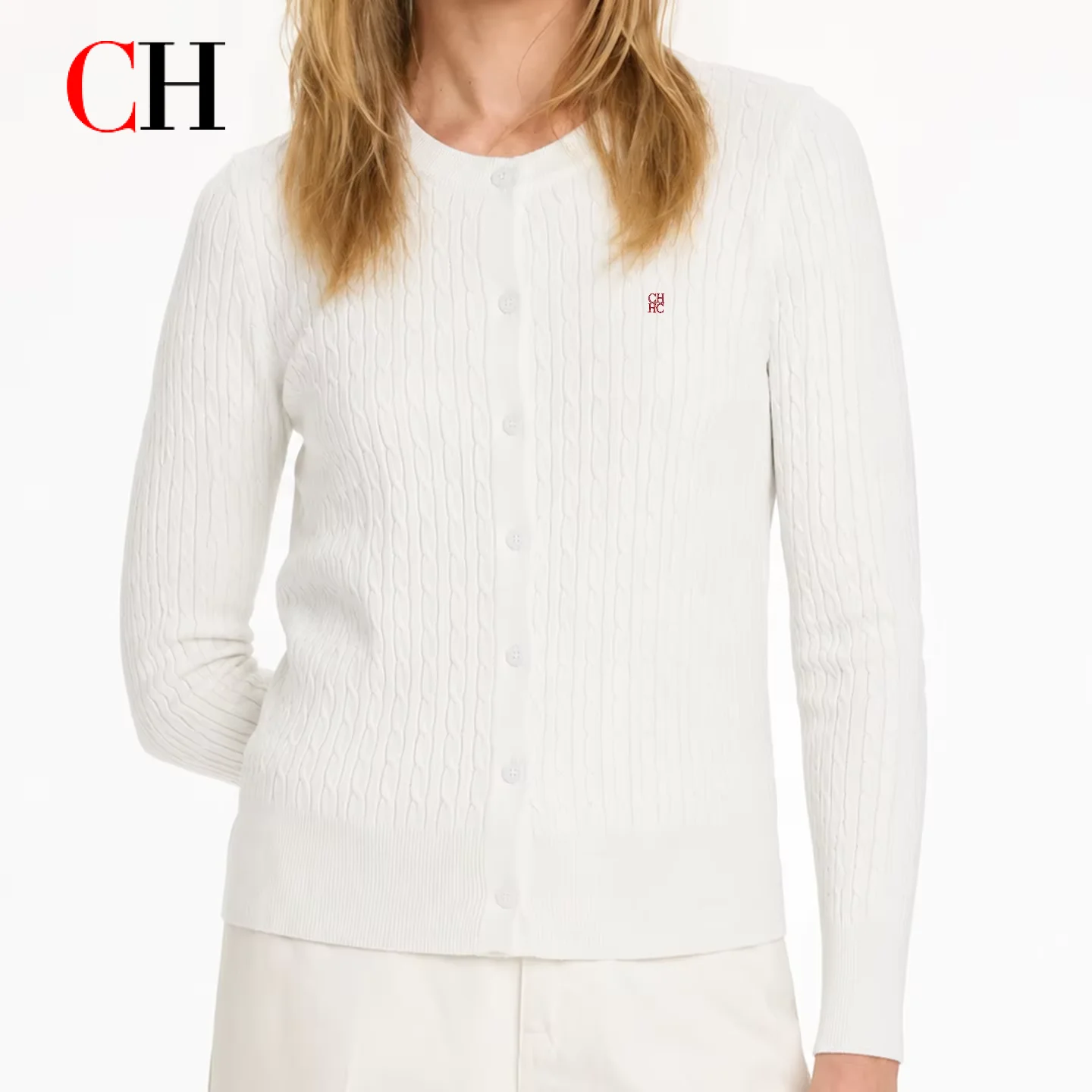 

CH Embroidered Cable Knit Cardigan Women Slim Fit Crew Neck Button Front Premium Cotton Casual Daily Tops