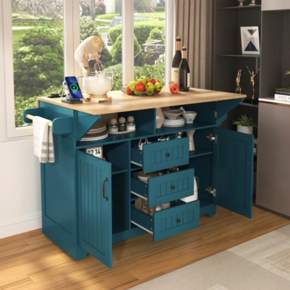 Kitchen Island with Drop Leaf,, Rolling Kitchen Cart  with Power Outlet, Folding Storage Dining Table with Spice & Towel Rack