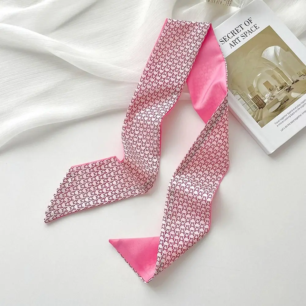Simple Ribbon Headband Silk Scarf Pink Flower Printed Scarf Neckerchief Collocation Clothing Accessories Scarf Hair Band Female