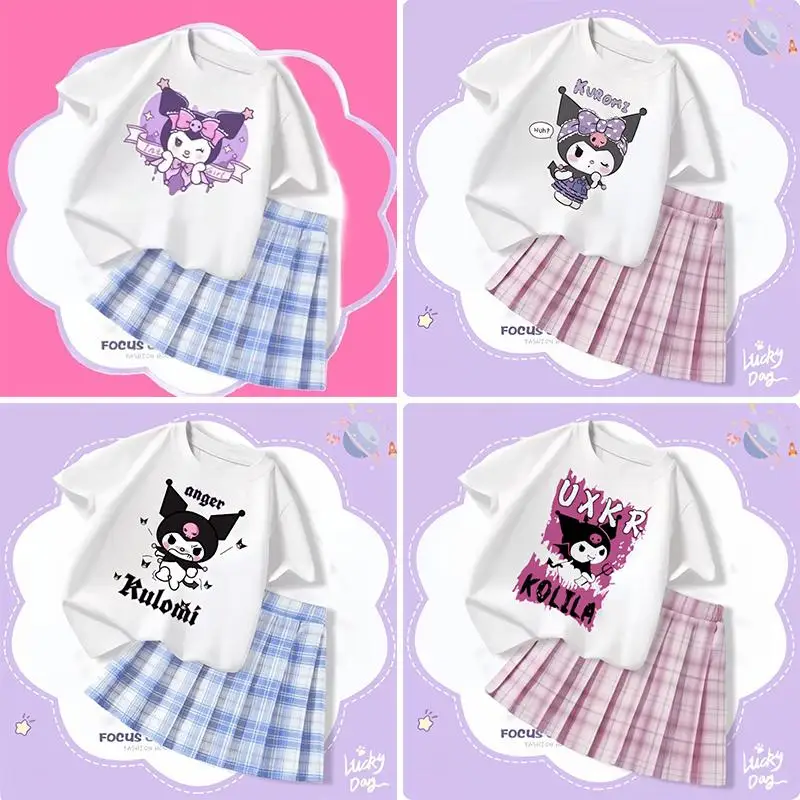 New Summer Kawaii Children Girls College Style Dress Anime Kuromi Kids Princess Short Sleeves Top Jk Plaid Pleated Skirt Gifts