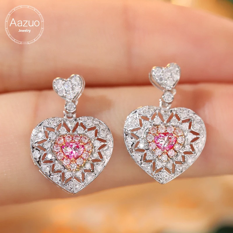 Aazuo Luxury 18K Solid White Gold Real Pink & White Diamonds Lovely Heart Stud Earring Gifted For Women Wedding Party  Au750