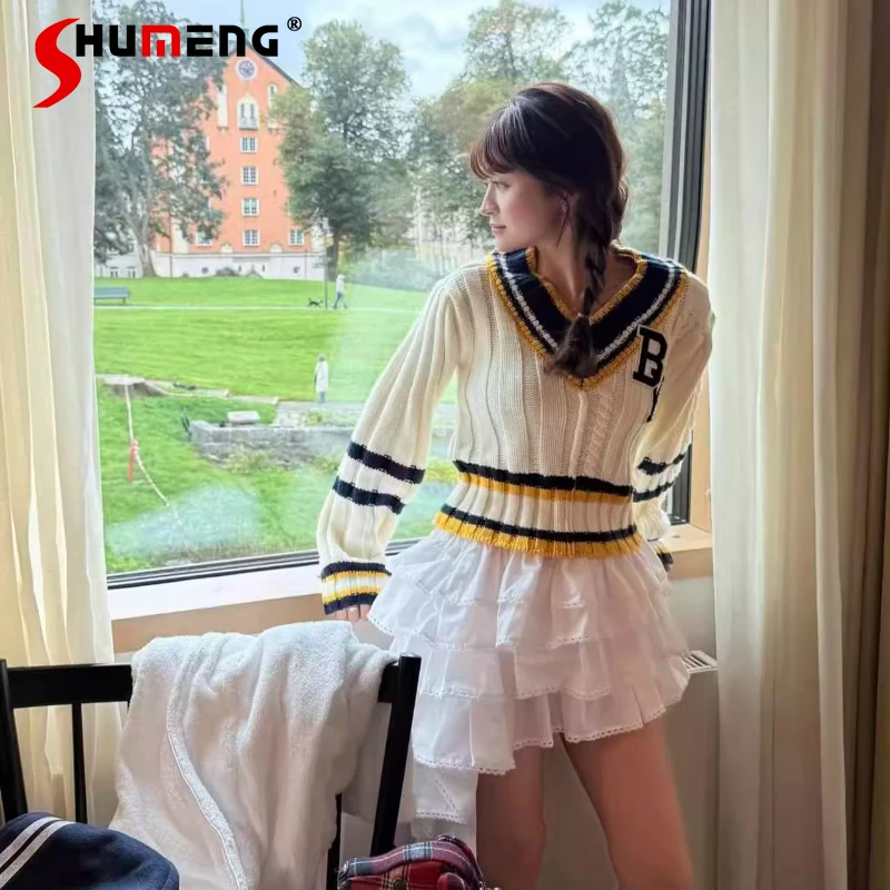 

Spring and Autumn Japanese Style Girls Sweet Letter Embroidery Sweater Women's V-Neck Knitted Top Pullover Irregular Skirts 2025