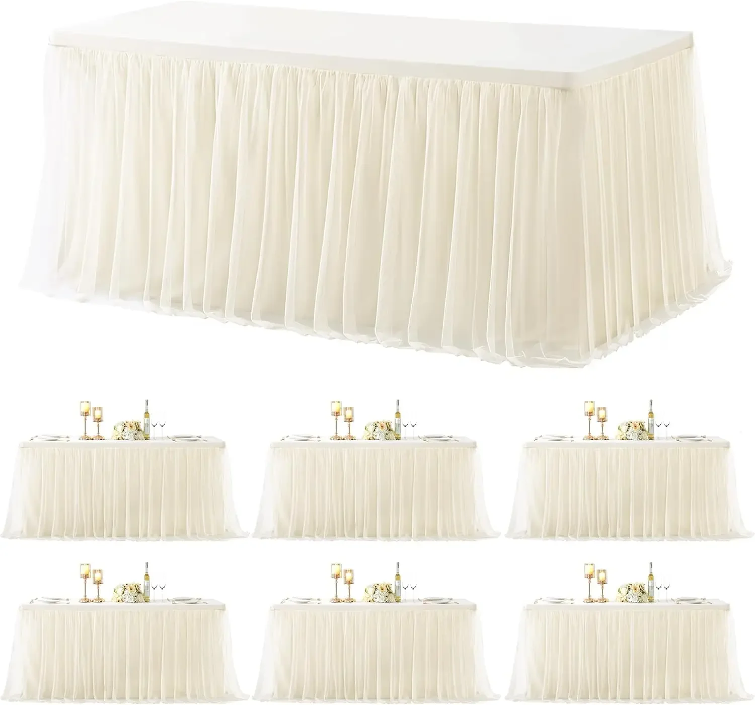 6 Pack Champagne Table Cloth for 8 Foot Rectangle Tables, Stretch Fitted Tulle Table Covers Skirt, Rectangular Ruffle Tutu Table