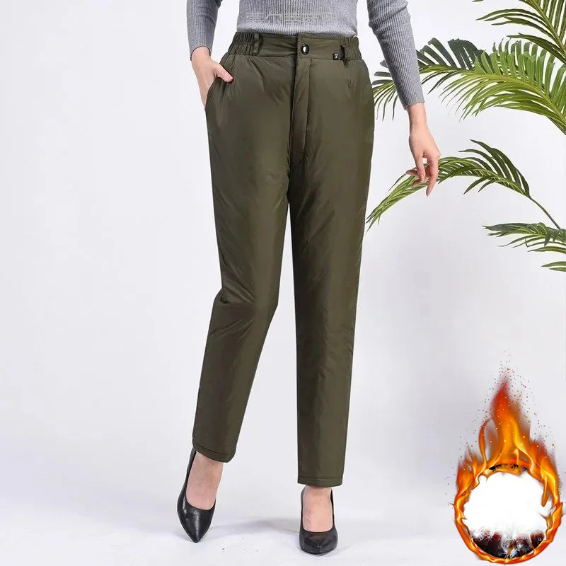 Mom Warm Winter Straight Dube White Down Pants Plus Size Fashion Pantalones Casual Thickened Trousers Women Solid Color Pantalon